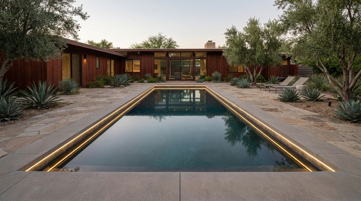 A minimalist rectangular lap pool with clean geometric lines, dark plaster finish creating reflective surfaces, flush deck coping, and integrated LED lighting in a mid century modern garden setting.