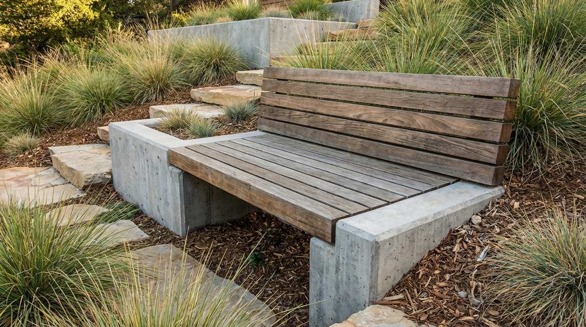 A modern garden bench integrated into a terraced landscape, featuring a concrete leg that serves as a low retaining wall with wood slats capping it for seating. The design is ideal for sloped properties, combining structural support for both seating loads and soil pressure with proper drainage reinforcement.