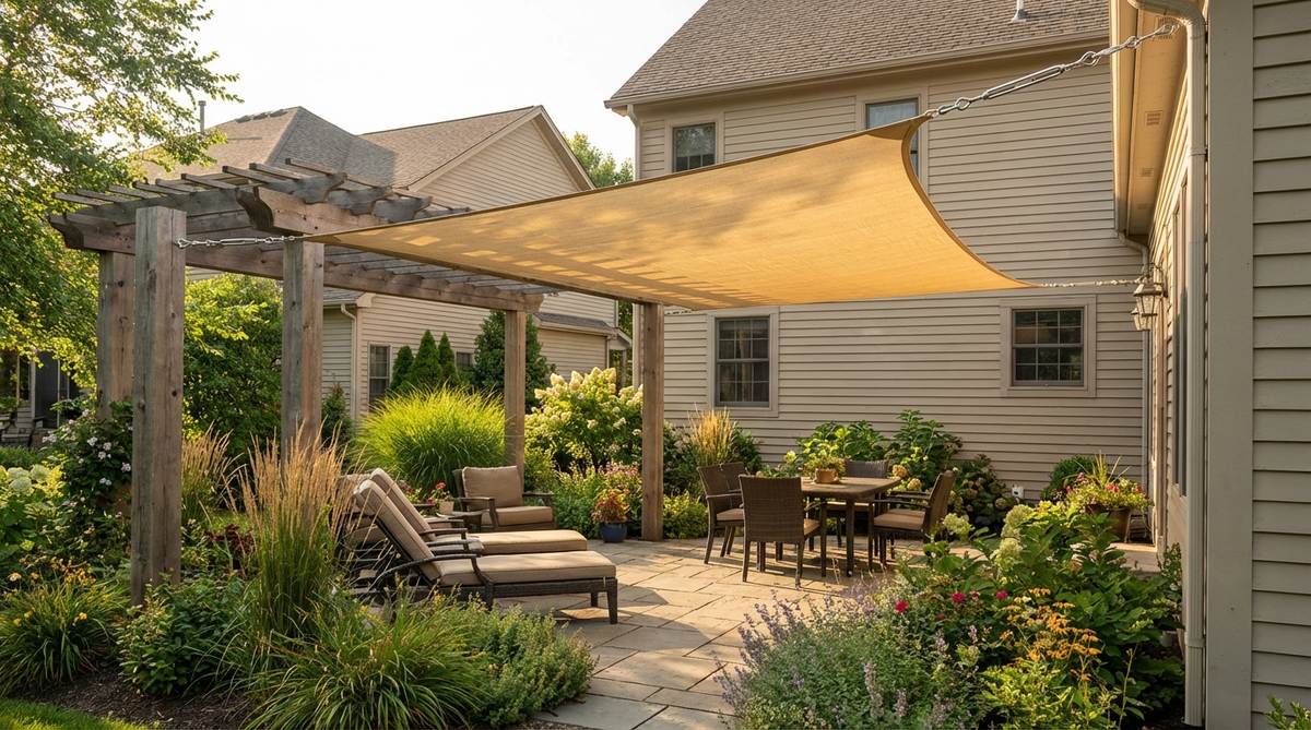 A triangular retractable shade sail suspended above a pergola opening, blocking UV rays while allowing airflow. The sail corners are anchored to pergola posts with stainless steel hardware and turnbuckles for tensioning, shown in a color that complements the garden's exterior architecture.
