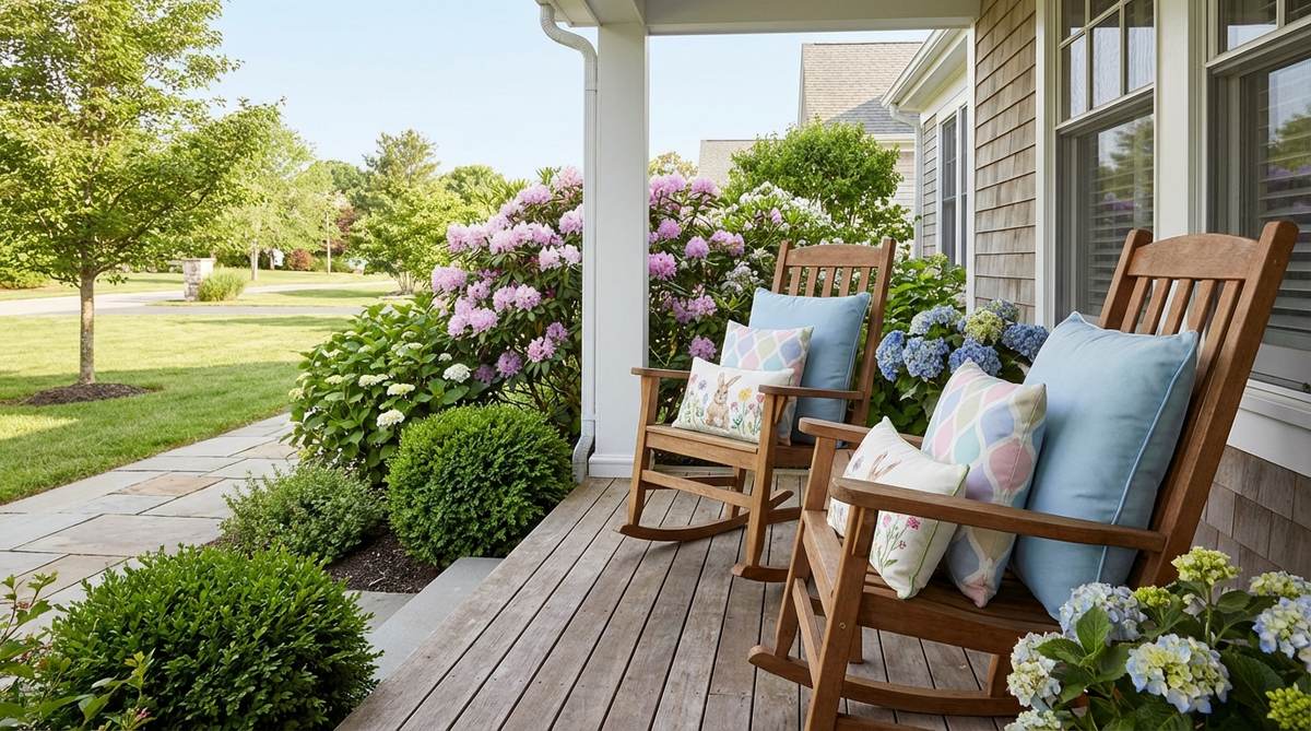Outdoor pillow covers for porch rocking chairs featuring spring florals, bunny prints, and pastel geometric patterns in weather-resistant fabrics. Three pillows are layered per chair in coordinating patterns including solid pastel, subtle pattern, and bold print for visual interest.