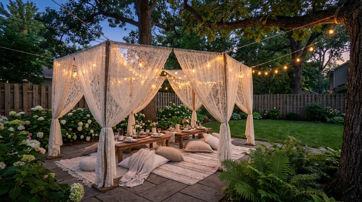 A romantic lace tent garden setup featuring vintage lace panels suspended from tree branches or frames, creating intimate enclosed spaces for dining or lounging. Decorated with flowing textiles, string lights, low seating, cushions, throws, and low tables to enhance a cozy, nostalgic atmosphere, ideal for milestone celebrations and garden parties.