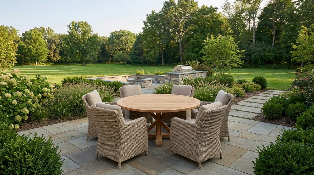 A round dining table centrally placed on a terrace, promoting conversation and balancing the garden's geometry with a pedestal base for easy access, made from weather-resistant materials like teak or aluminum.