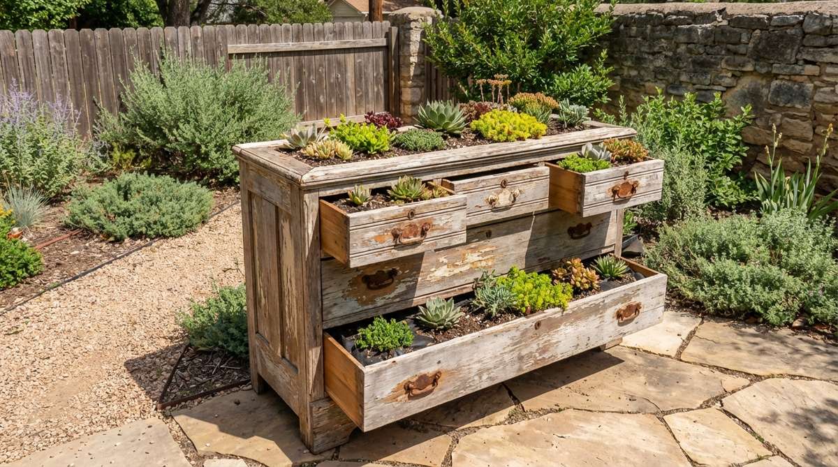 Vintage dresser drawers repurposed into portable planters with drainage holes and landscape fabric lining, ideal for succulents and alpine plants in rustic garden decor.