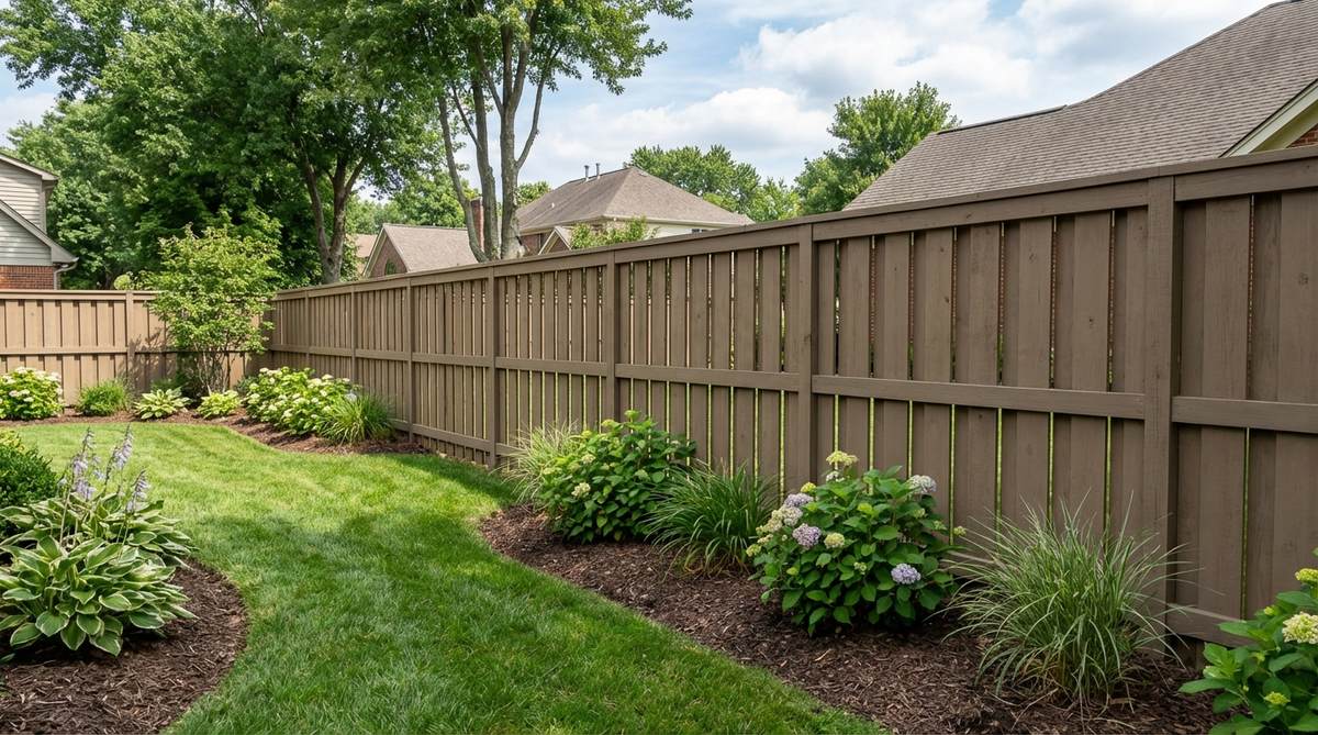 A shadowbox double-sided fence with alternating boards mounted on opposite sides of rails, creating a dimensional design that looks identical from both sides. This neighbor-friendly fence provides privacy while allowing air circulation, featuring overlapping boards with 1-inch overlaps and gaps aligned for structural rigidity without solid panel weight.