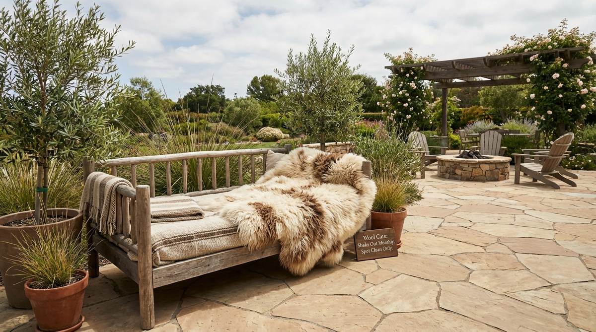 A natural sheepskin rug placed beside a bed in western boho decor style, showcasing luxurious fleece texture for comfortable morning foot landings. The Icelandic or Mongolian wool provides insulation to keep floors warm during cooler months, with maintenance tips including monthly outdoor shaking and spot-cleaning with wool-safe detergent.