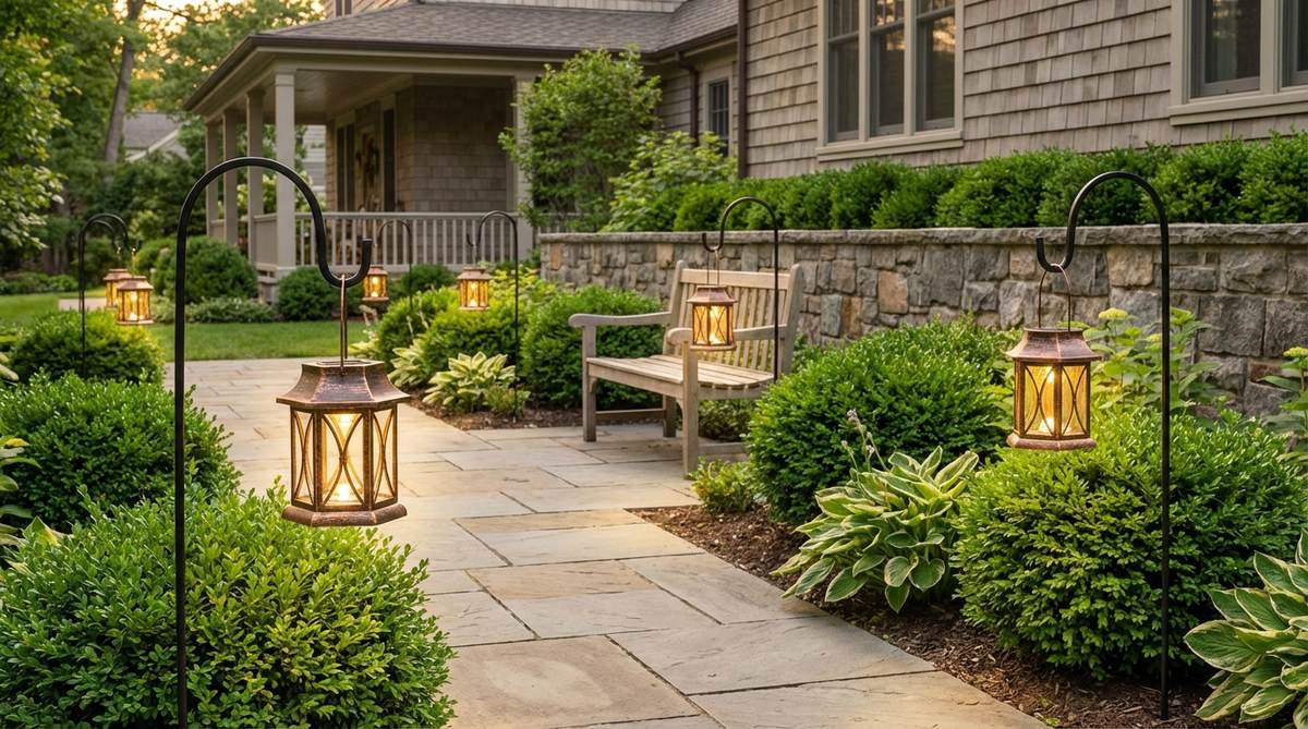 Decorative solar lanterns suspended from curved metal stakes, providing elevated light sources that cast wider illumination patterns, suitable for traditional garden styles. Install at pathway entry points or seating area perimeters, with removable lanterns for easy seasonal storage and battery replacement.