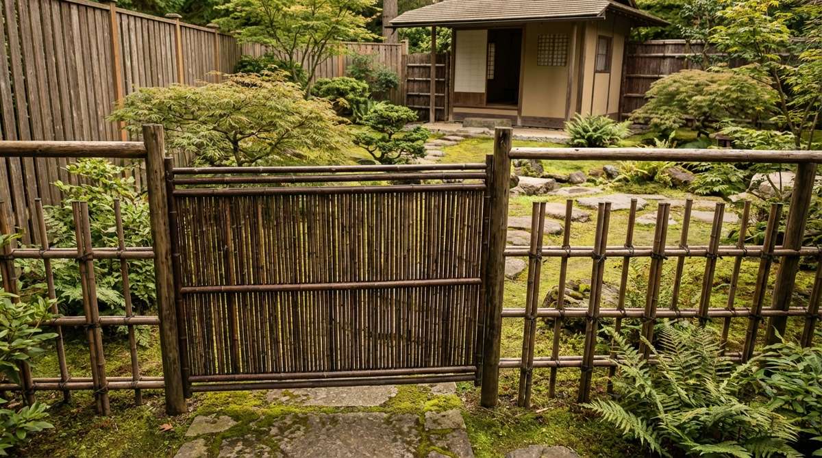 A refined Japanese garden gate featuring extremely thin bamboo poles under 1-inch diameter, showcasing delicate appearance and elegant proportions. This Shimizu gate, with its slender elements and double support rails, is suited for intimate gardens near teahouses or viewing pavilions, highlighting fine craftsmanship and formal character.