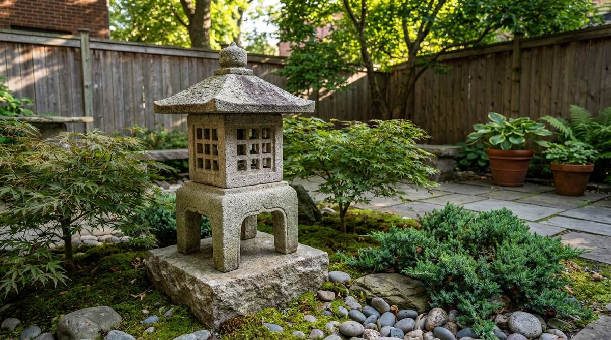 A Shokinto Pine Harp Pavilion stone garden lantern, named after Kyoto's Shokintei pavilion. This compact lantern features a small pyramidal roof and squared fire box, designed for confined spaces like interior courtyard gardens or small urban landscapes. The vertical emphasis maintains visual presence despite its reduced footprint.