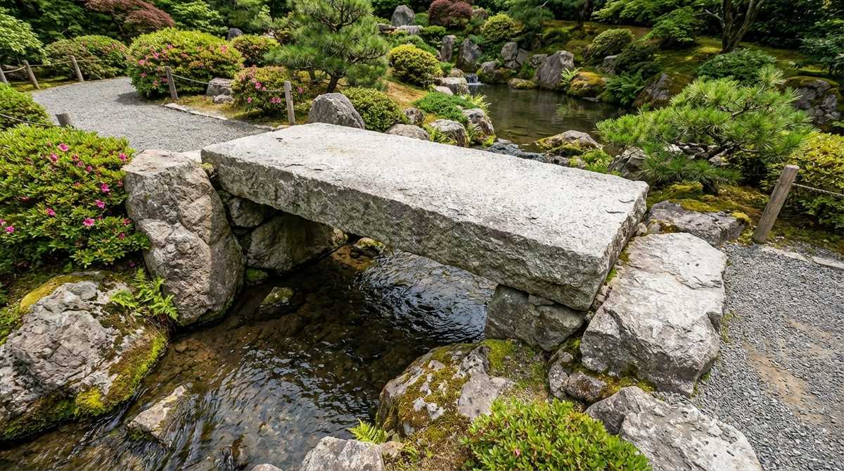 A massive single slab granite bridge spanning a narrow water crossing in a Japanese garden, showcasing monolithic construction without intermediate supports. The granite slab is 18-24 inches thick, anchored on substantial foundation stones, suitable for residential gardens with spans up to 8 feet, offering a permanent, low-maintenance feature.