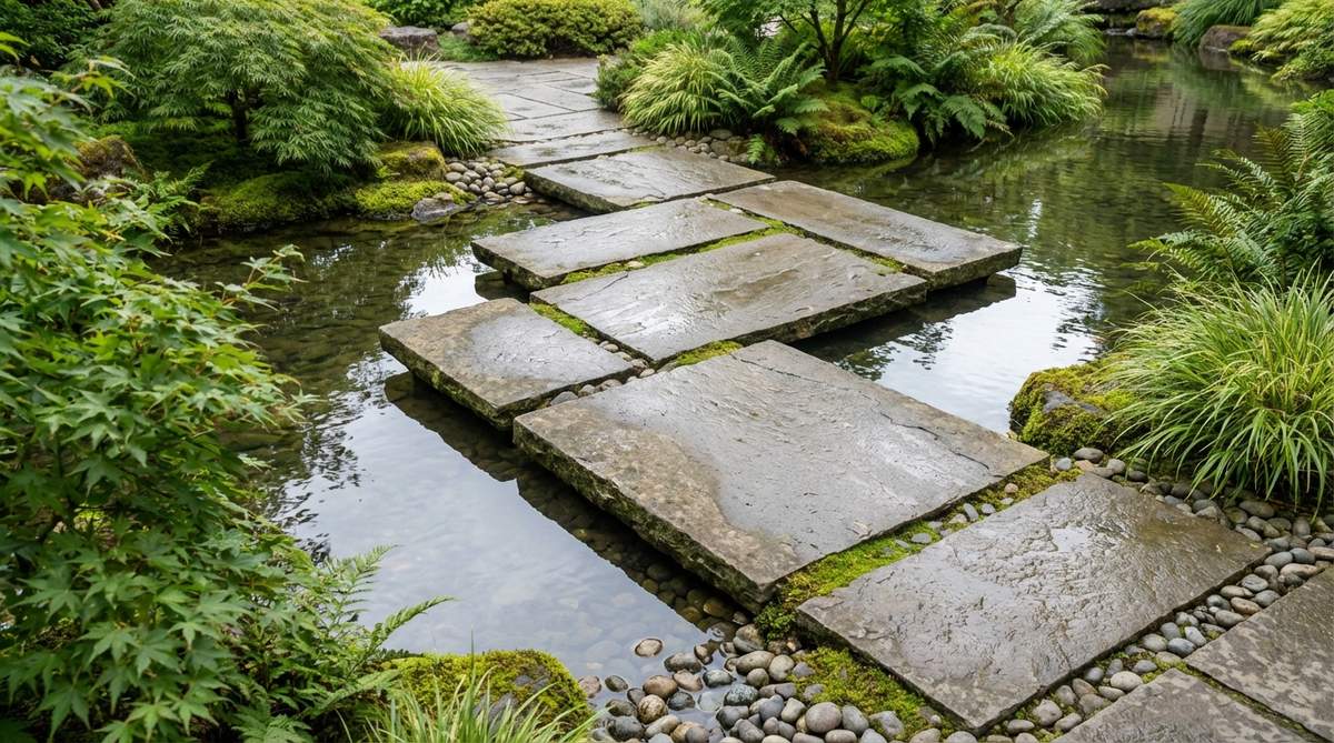 A close-up view of rectangular stone pavers arranged in a staggered pattern, creating an offset layout that guides walkers through a zen garden bridge. The pavers, measuring 12x24 inches or 18x18 inches, are positioned with alternating orientations to slow passage and enhance visual interest, embedded to appear as floating platforms above water.