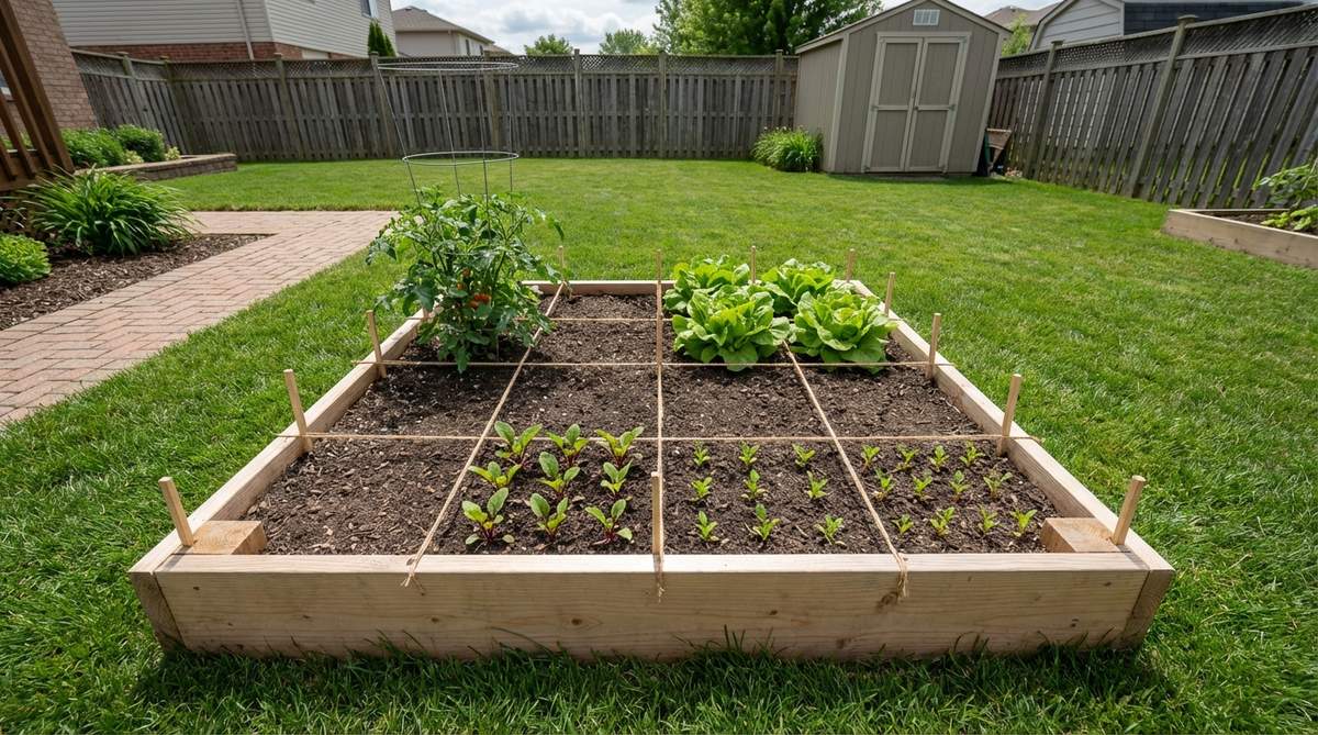 A diagram showing a 4x4 garden bed divided into sixteen 1-foot squares, illustrating the square foot gardening method with examples of plant spacing for tomatoes, lettuce, beets, and carrots.