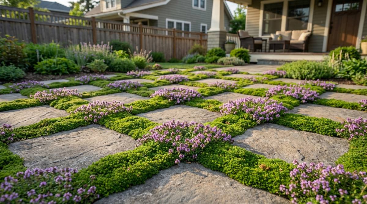A tight grid of square pavers with planted joints creating a hybrid surface of hardscaping softened with greenery. Low-growing plants like creeping thyme, Irish moss, or blue star creeper fill the gaps between stones, adding color, fragrance, and textural complexity while reducing heat reflection.
