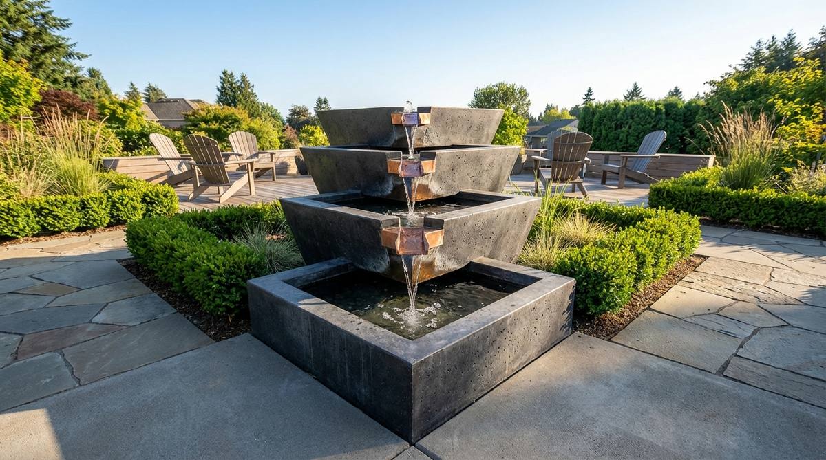 A contemporary small garden fountain featuring stacked angular basins in precise alignment with geometric repetition. Four copper spillers channel water from the upper tier to the lower basin at cardinal points. The square footprint complements modern grid-based landscape designs, suitable for pairing with clipped evergreens and linear hardscape materials like bluestone or concrete pavers.