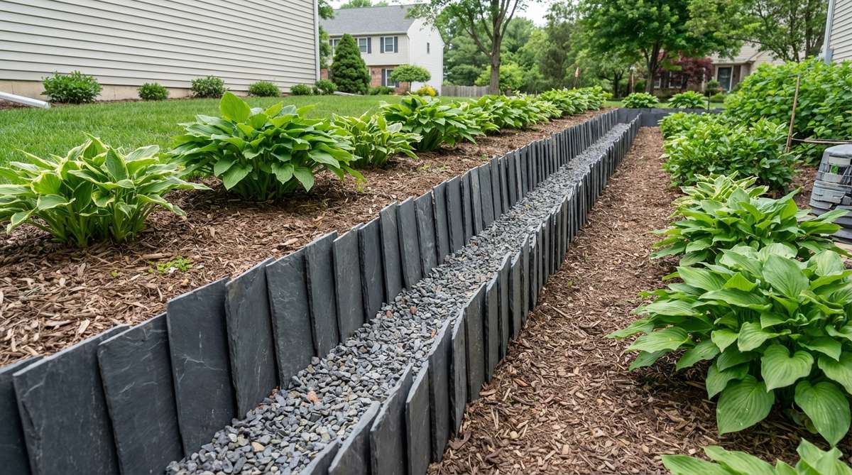 A close-up photo showing thin slate sheets stacked vertically to create a garden border. The slate pieces are positioned in a narrow trench with gravel backfill, demonstrating the proper installation technique for preventing frost heave.