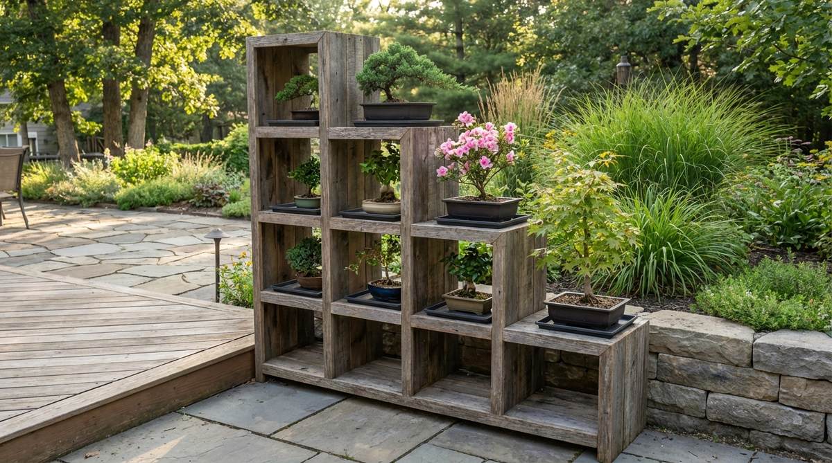 A repurposed stair-step bookcase used as a bonsai display, with each level showcasing a different bonsai specimen on waterproof trays to protect the wood from moisture, arranged to allow adequate light for each tree and maximize space efficiently.