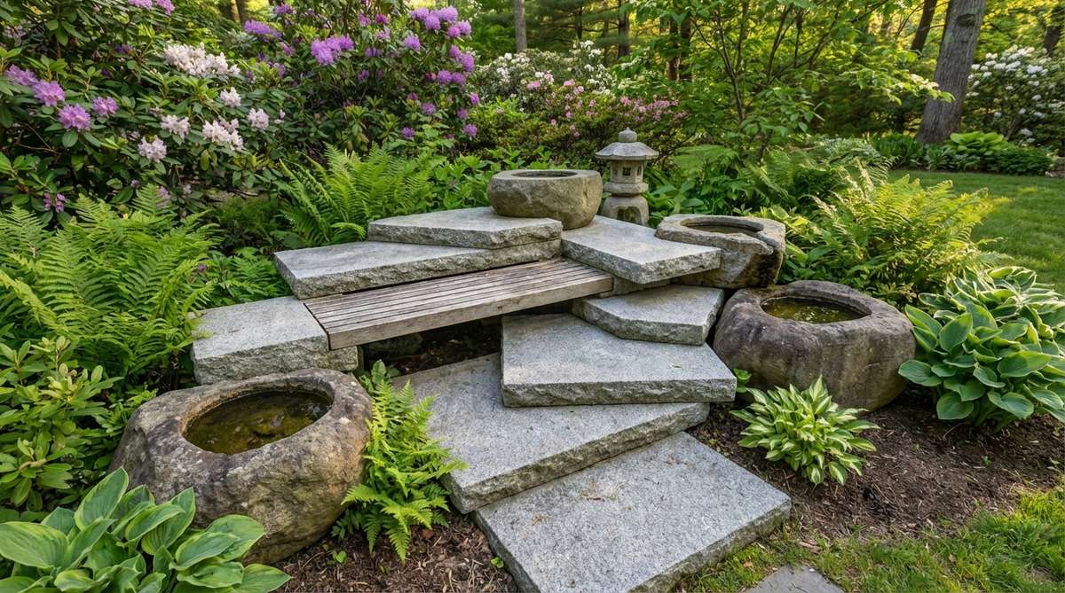 A Japanese-inspired garden bench featuring multi-level stone platforms with integrated lanterns or water basins, arranged asymmetrically with odd-numbered elements for visual harmony.