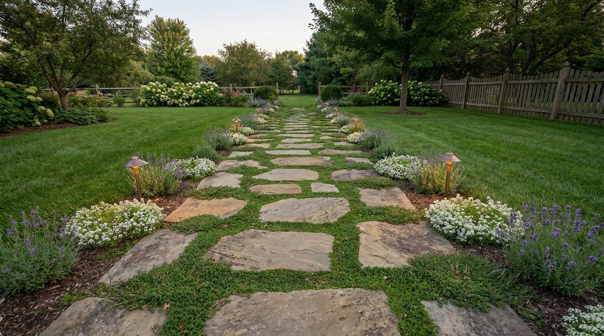 A garden aisle made of individual flagstones set into a lawn or ground cover, spaced 18-24 inches apart to allow grass or thyme to grow between, providing stable footing for heeled shoes and lined with low luminarias or floral clusters.