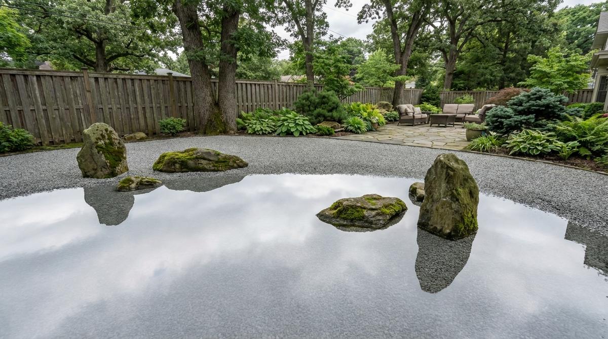 A Japanese stone garden featuring a completely unraked smooth gravel surface representing a mirror-calm pond. Stones emerge like reflections captured on windless water, with perfect gravel smoothness emphasizing tranquility. The blank expanse creates powerful negative space where viewers can project their own interpretations onto the empty field.