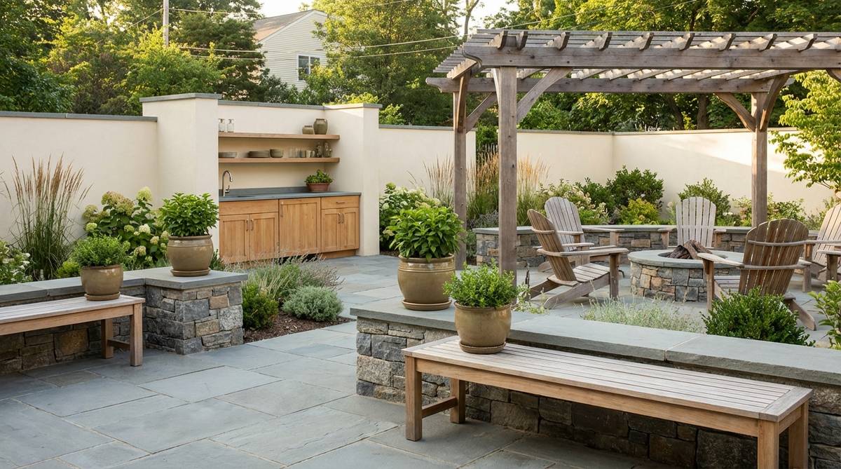 A serene bathroom or kitchen design featuring cool gray stone tones paired with warm cream, creating balanced contrast. The palette combines clean, spa-like aesthetics with organic warmth, using stone gray for tile work or concrete elements, cream for walls and cabinetry, and natural wood shelving or accessories. Softened with plants in ceramic pots for living greenery.