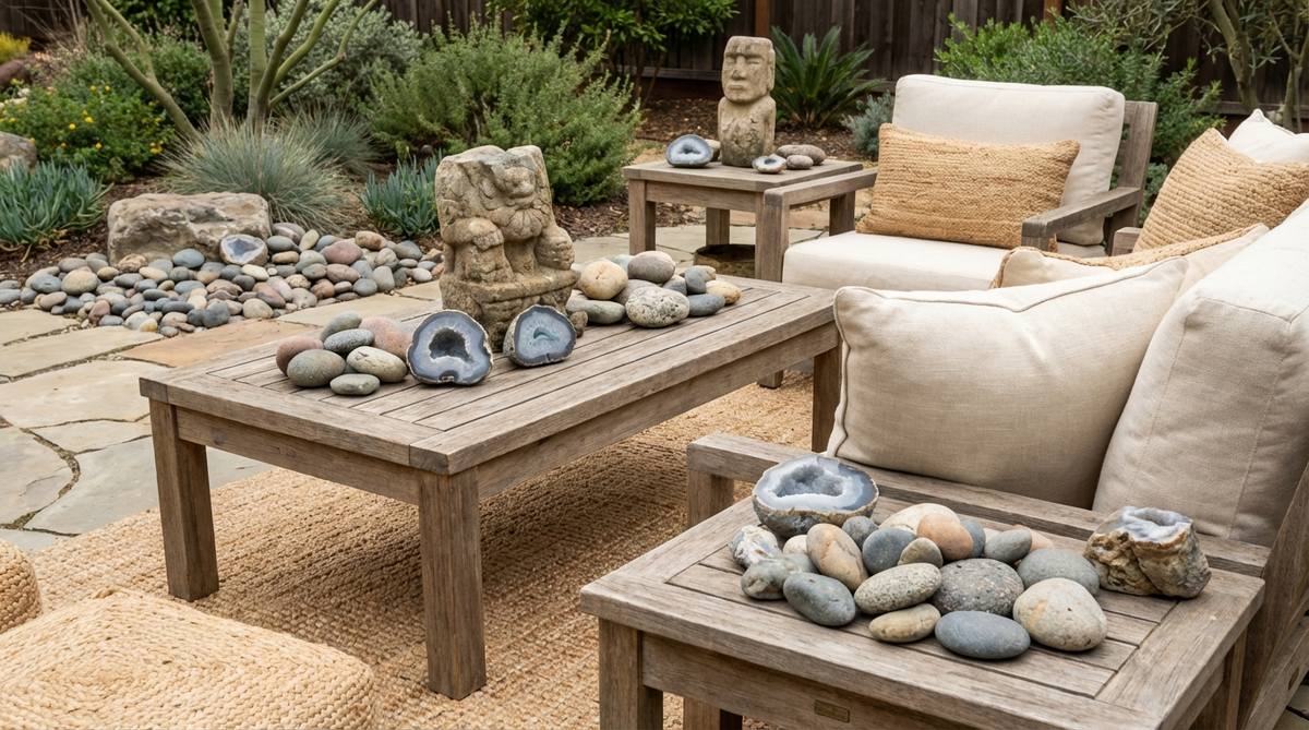 A collection of river rocks, geodes, and carved stone pieces used as decorative objects in earthy boho decor, showcasing mineral textures and cool tones that ground lighter woven and fabric textures.