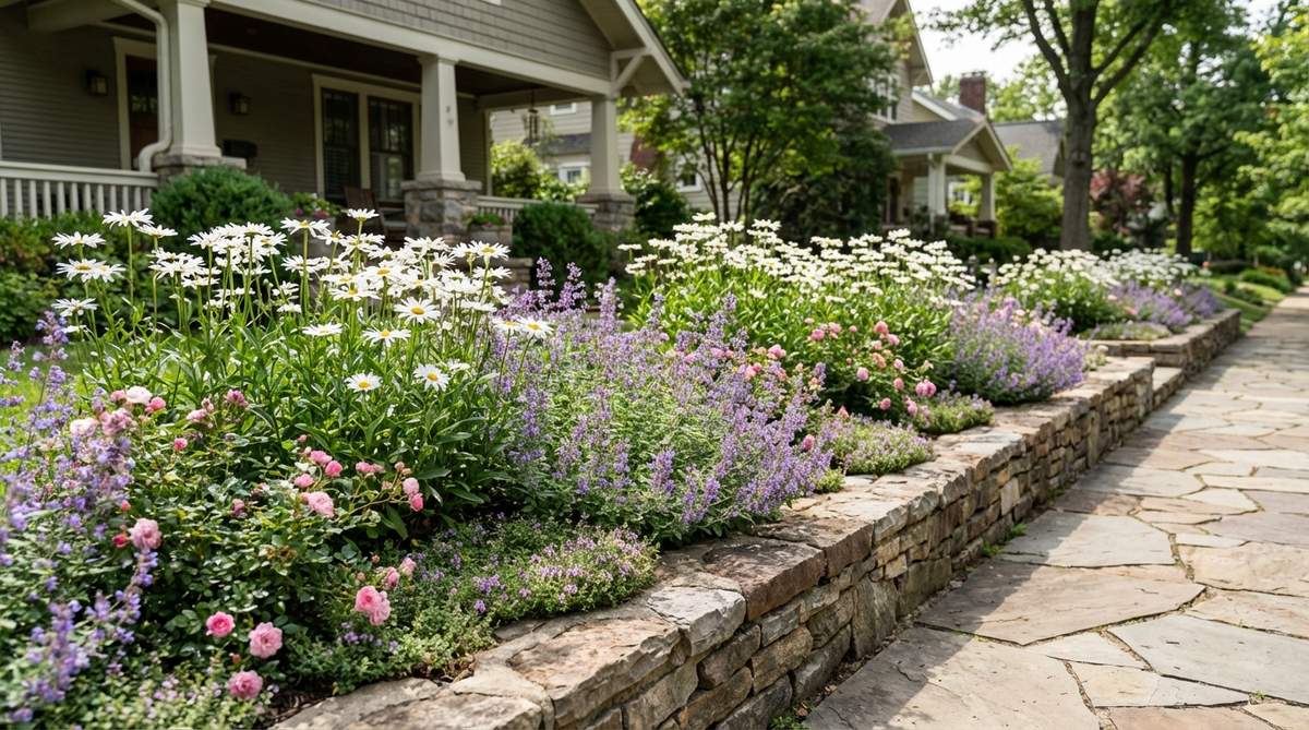 A narrow raised flower bed with a low stone edge along a front walkway, featuring daisies, catmint, roses, and thyme groundcovers in a layered cottage garden style.