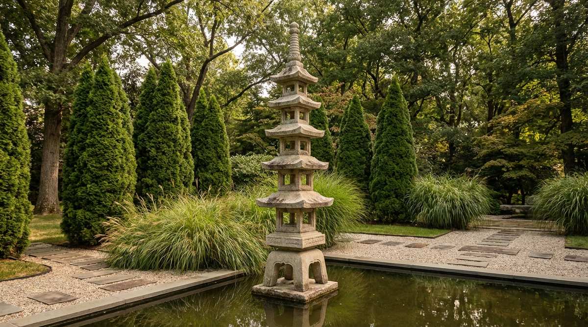 Multi-tiered stone pagoda towers carved from granite or lavastone, featuring three, five, or seven levels stacked to heights between 3 and 6 feet. These architectural elements anchor formal Japanese garden compositions, positioned within gravel courts or at pond edges where reflections enhance their visual impact. The repetitive horizontal layers create striking contrast with columnar evergreens and ornamental grasses.