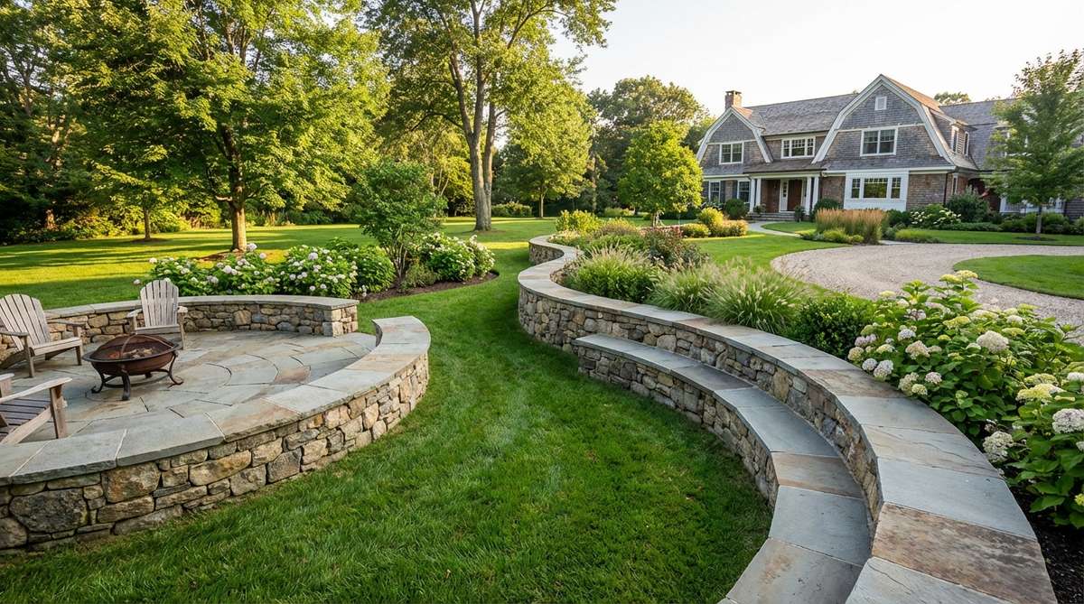 A low stone wall, 18-20 inches high, with flat capping stones for comfortable seating, used to define garden spaces and create intimate areas for lingering. Features level cap stones, adequate depth for comfort, and curved sections to prevent sharp corners, suitable for adding cushions or leaving bare for formal or informal garden settings.