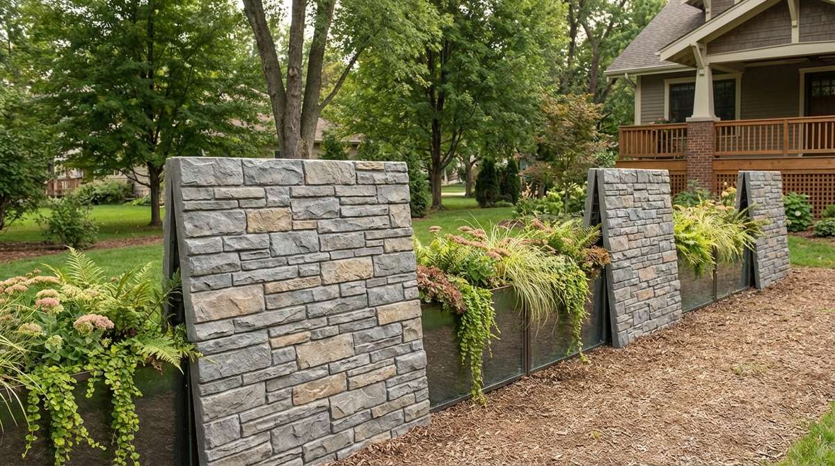 Resin fencing molded to replicate stacked stone walls, providing the appearance of masonry boundaries at minimal weight. Available in gray, tan, or weathered white finishes that simulate limestone, granite, or sandstone. The three-dimensional texture creates a convincing illusion from a viewing distance, making installation easier than using actual stacked pebbles. Ideal for positioning along container edges where they can lean against glass for support, offering strong visual anchoring for loose, flowing plant forms in mini gardens.