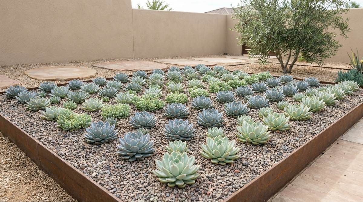 A minimalist garden featuring echeveria and sedum succulents arranged in a precise geometric grid pattern. The fleshy leaves create sculptural forms without flowers, emphasizing order and structure. The plants thrive in well-drained soil with minimal watering, with varieties selected from a single color family for visual cohesion.