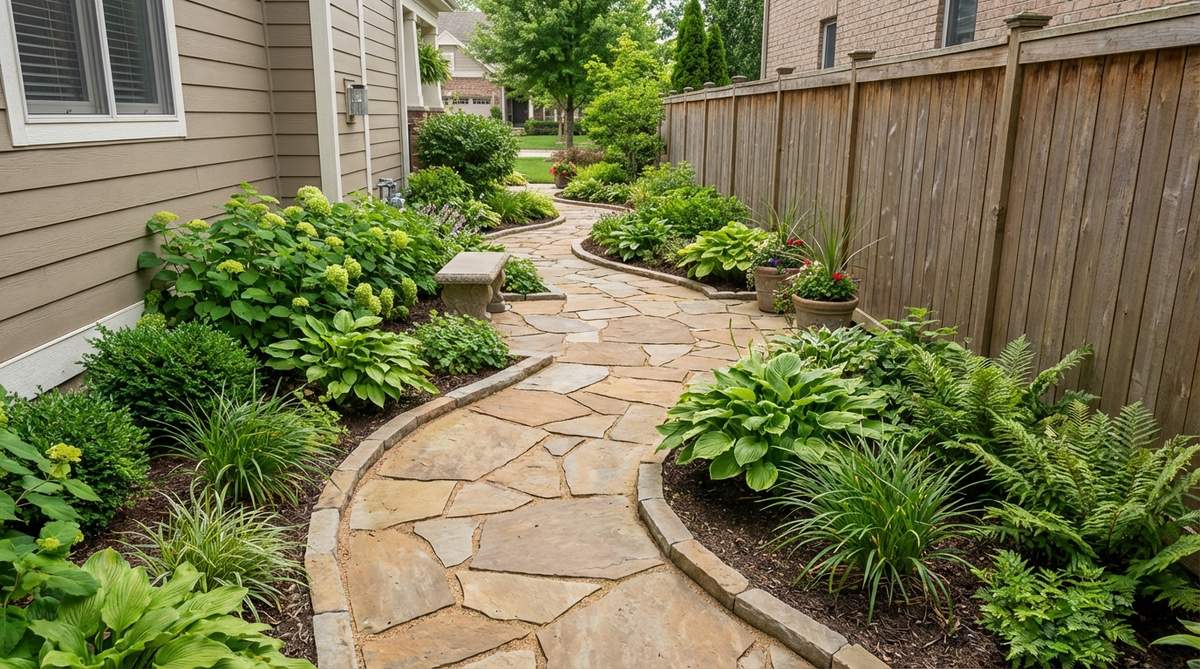 A beautifully designed flagstone garden path featuring a gentle S-curve that guides visitors through garden spaces. The serpentine layout creates visual depth and encourages a slower walking pace to appreciate surrounding plantings. This curved stone path is ideal for narrow side yards, transforming limited spaces into engaging garden assets with consistent joint spacing and beveled border stones on tighter curves.