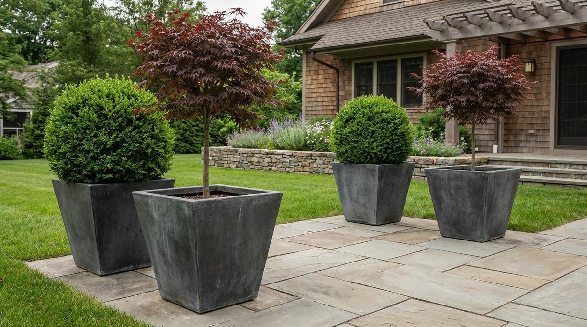 Square planters with tapered profiles that combine stability with refined proportions, featuring wider tops to accommodate mature root systems and narrower bases to save floor space. Ideal for topiary forms or standard trees, the taper directs visual attention upward to enhance vertical plant growth.