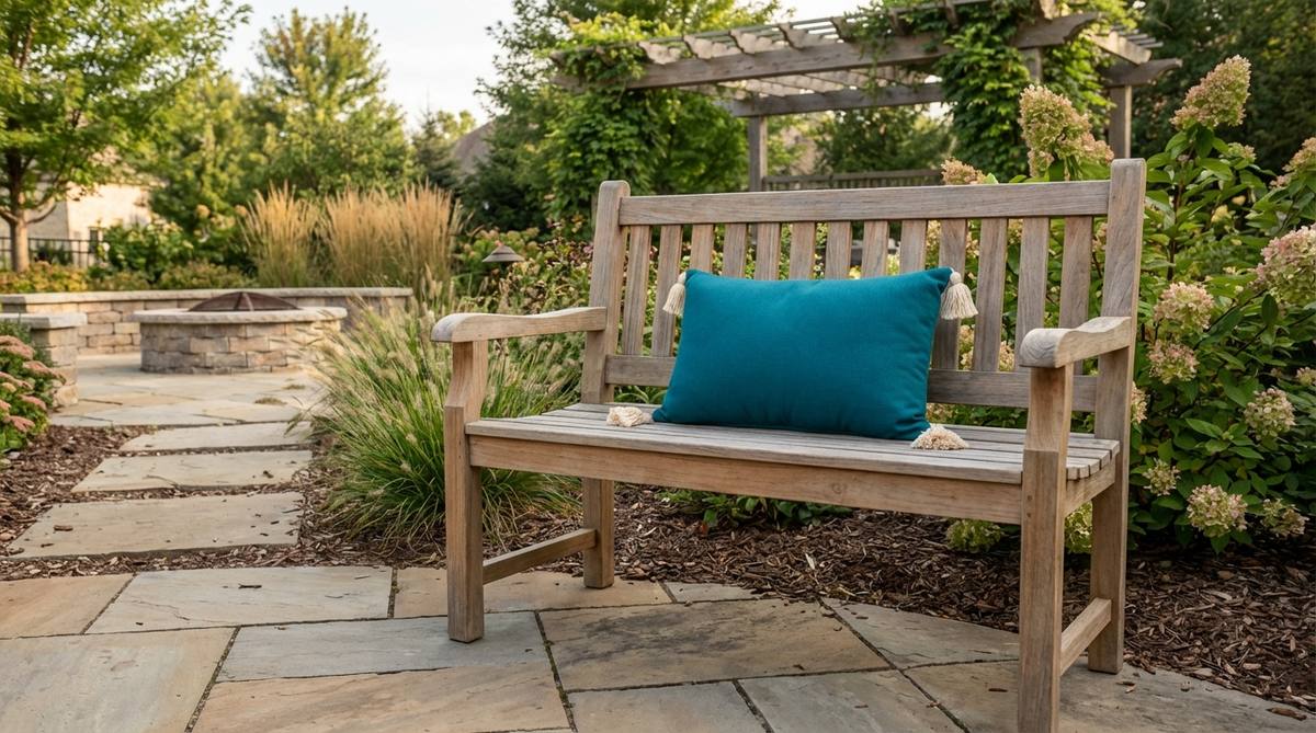 A vibrant teal pillow with corner tassels, bringing ocean and sky tones to garden settings. It pops against earth tones while connecting to natural elements, ideal for defining seating zones in outdoor spaces.