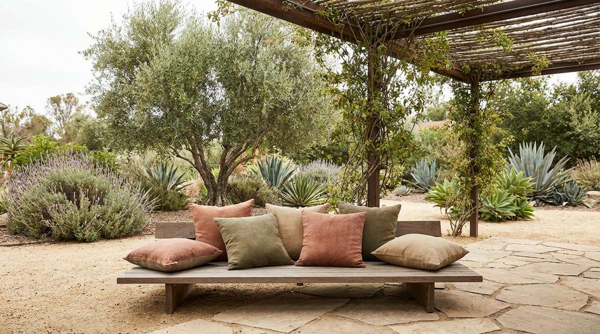 Earth-toned outdoor decor pillow in terracotta, olive, and sand colors that connect outdoor spaces to natural landscapes. Perfect for Mediterranean, desert, or garden settings with low contrast for a calm, organic feel ideal for relaxation.