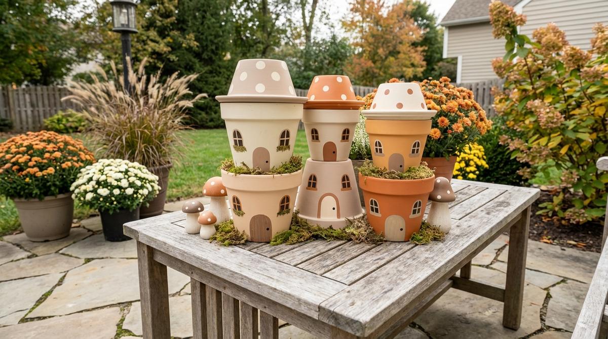 A whimsical boho Halloween decoration featuring stacked terracotta pots painted in cream, beige, or soft orange to create miniature village structures with painted windows and doorways. Topped with saucers painted as polka-dot mushroom roofs and filled with preserved moss at the bases, this fairy-garden-inspired scene adds playful bohemian charm to tabletops and shelving units.