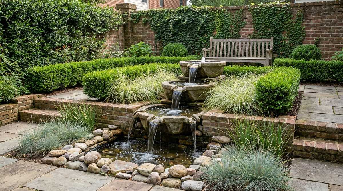 A vertical three-tier cascade water feature with stacked basins creating multiple spill points of flowing water, surrounded by low-maintenance boxwood and ornamental grasses in a narrow courtyard setting.