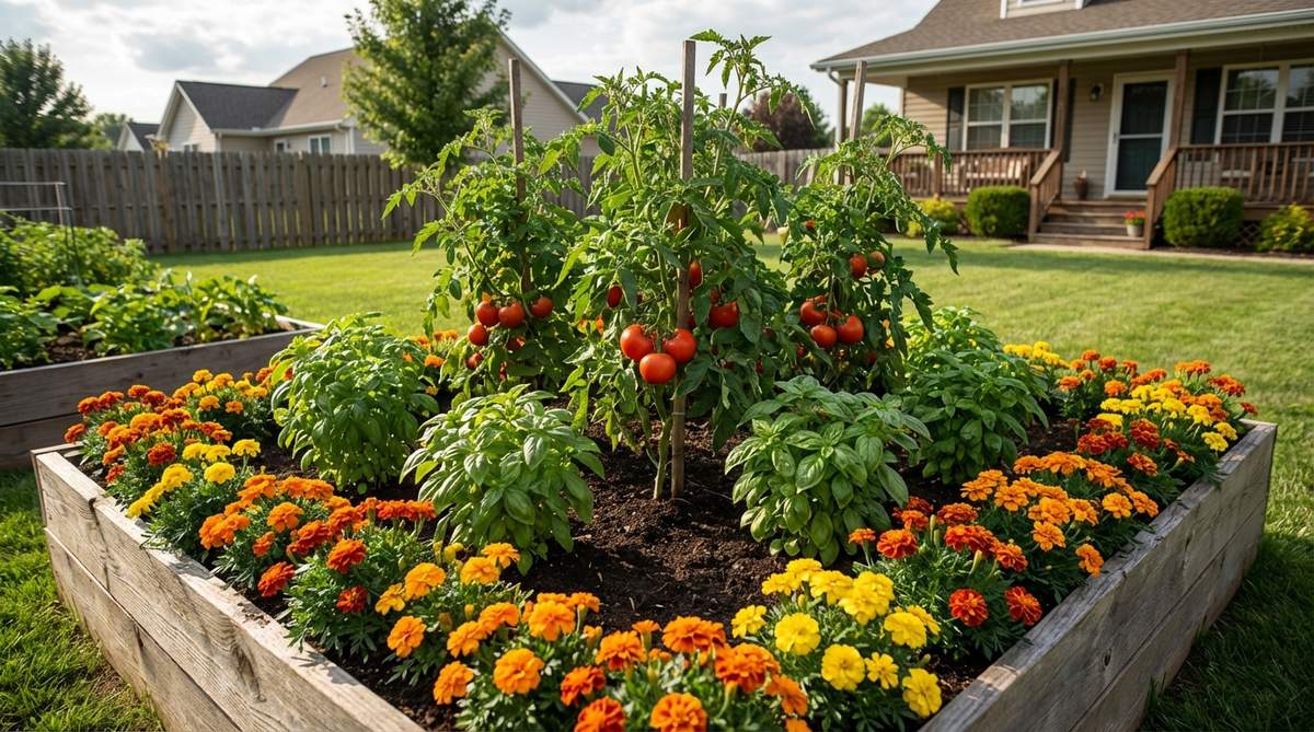 A raised garden bed showing the tomato-basil-marigold triangle planting method. Tomatoes are planted in the center, surrounded by basil plants, with marigolds edging the bed. This companion planting combination creates pest protection and an attractive color palette of red tomatoes, green basil, and orange/yellow marigolds.