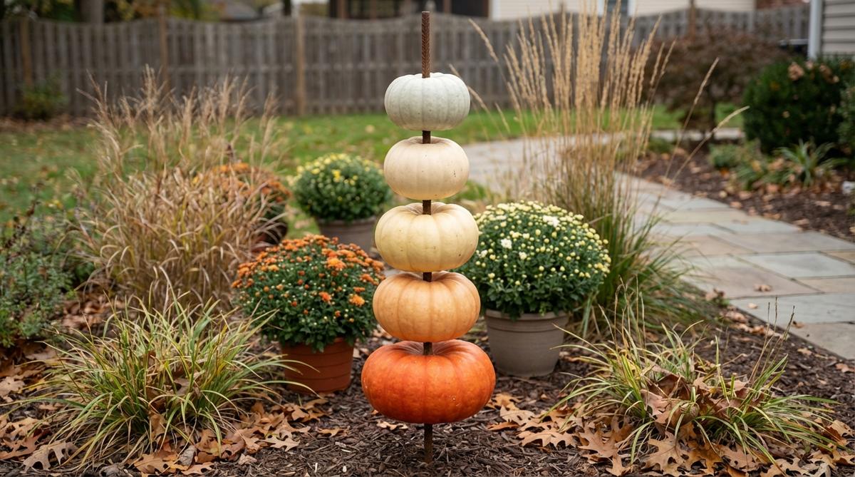 A vertical totem pole arrangement of 4-5 stacked pumpkins on a metal rod or wooden dowel for fall outdoor decor. The pumpkins are drilled and threaded onto the support structure for stability, creating an impressive display up to 6 feet tall with ombre color variations or bold single-color statements.