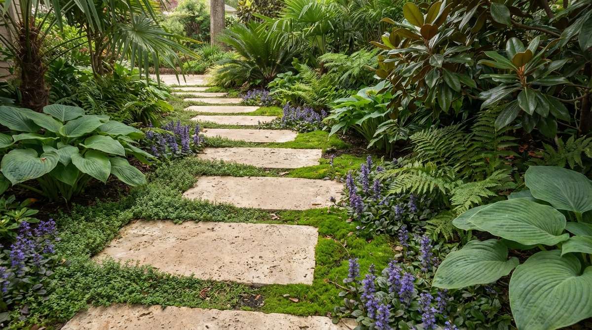 Large travertine pavers arranged as stepping pads with low-growing plants like ajuga, moss, or creeping thyme in the gaps, creating a stable pathway with luxurious texture that complements tropical foliage in a garden setting.