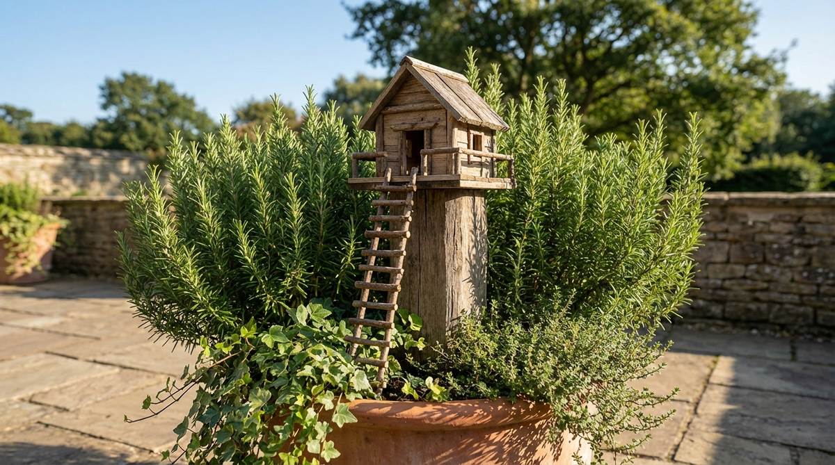 A miniature treehouse mounted on a vertical support among rosemary branches, featuring a twig ladder and climbing plants at the base. This elevated structure creates vertical interest and efficient space use in small container gardens, evoking childhood adventure with natural foreground-background separation.