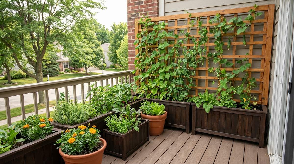 A balcony garden featuring vertical trellis panels supporting climbing vegetables like pole beans, peas, and cucumbers, with floor planters below. The trellis is securely attached to the wall, demonstrating how to maximize yields in compact spaces by growing plants upward.