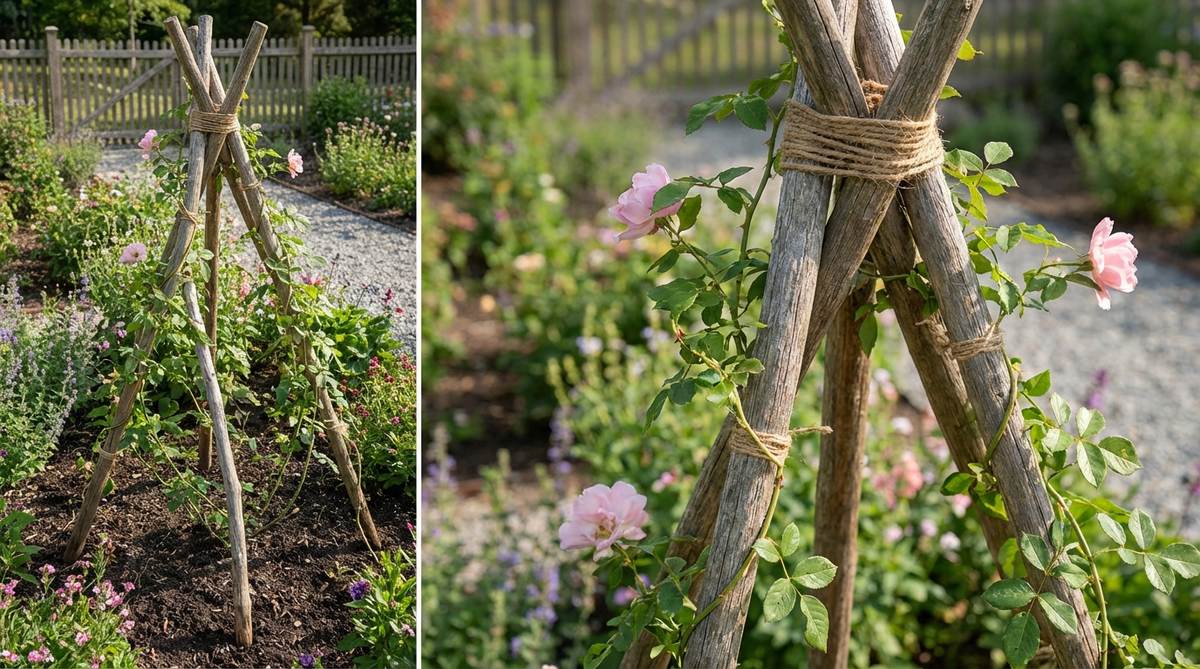 A rustic tripod support made from three larch or bamboo poles lashed together at the top, used in cottage garden design to provide stable support for climbing roses without guy wires or concrete footings. The poles are pushed 12-18 inches into the soil with feet spaced 24-30 inches apart, allowing rose canes to be wound spirally around them and secured with soft ties. This temporary structure is ideal for annual renewal or experimental rose placements, easily relocatable between growing seasons.