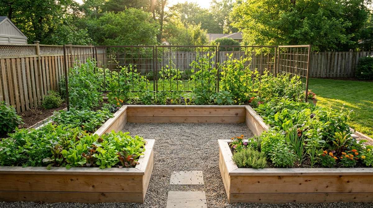 A diagram showing a U-shaped garden bed configuration with three connected sections, each leg measuring 6-8 feet long and 3 feet wide, wrapping around a central standing area for 360-degree access. The layout maximizes light penetration with the open end facing south, creating a protected microclimate ideal for intensive salad gardens with vertical trellises on the back wall.