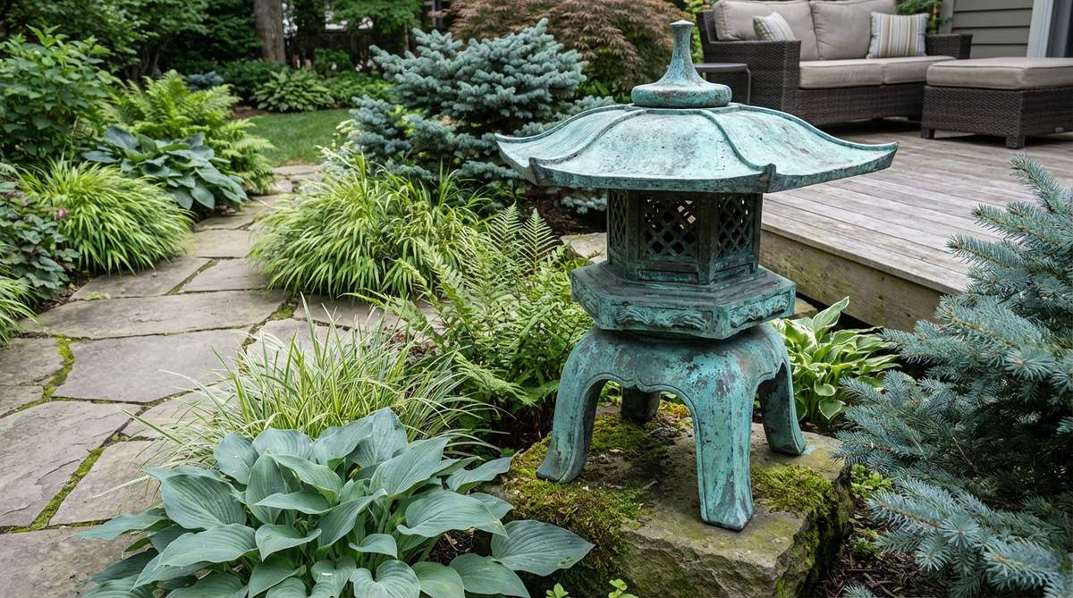 A Japanese garden lantern with a distinctive blue-green verdigris patina on its copper surface, showing the natural oxidation process that creates sophisticated color harmonies with cool-palette plantings in garden settings.