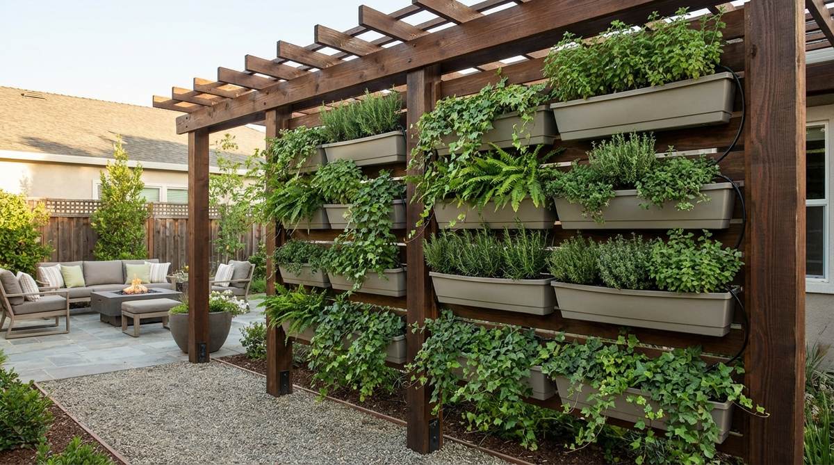 A vertical garden wall pergola featuring mounted planters and living wall systems on posts and screens, creating a lush green environment without using ground space. Shows trailing plants and compact herbs in lightweight containers with drip irrigation systems for efficient watering.