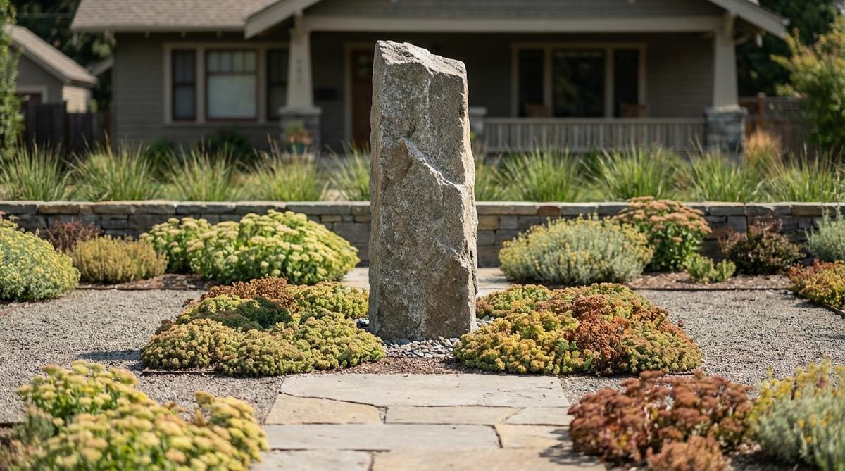 A tall, narrow vertical stone monolith standing dramatically in a minimalist outdoor landscape. The sculptural stone element creates striking height contrast against flat terrain, surrounded by low mounding sedum plants. This contemporary garden feature demonstrates how vertical stones add architectural interest to outdoor decor.