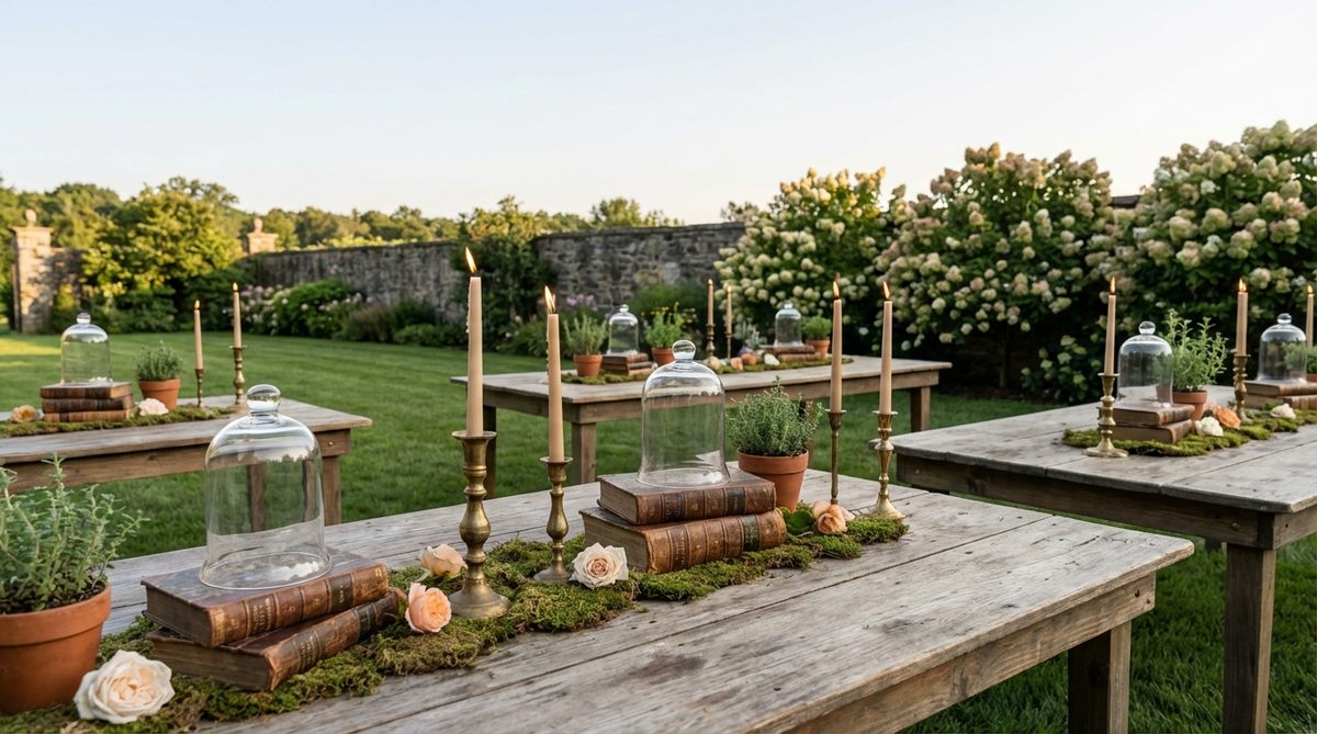 A vintage-inspired garden wedding decor setup featuring antique books stacked as table centerpieces, topped with glass cloches and brass candleholders holding simple tapers. This arrangement adds height and character to the tables, reducing floral needs while creating an eclectic and conversation-starting aesthetic. Ideal for sourcing from estate sales or using replicas to achieve a weathered look without damaging antiques.