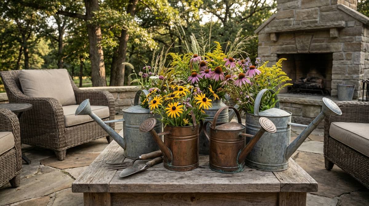 A rustic outdoor decor arrangement featuring galvanized and copper vintage watering cans repurposed as vases, filled with wildflowers and meadow grasses. The garden tool aesthetic creates a charming farmhouse or cottage-style look perfect for outdoor parties, with spouts angled away from seating areas to maintain conversation flow.