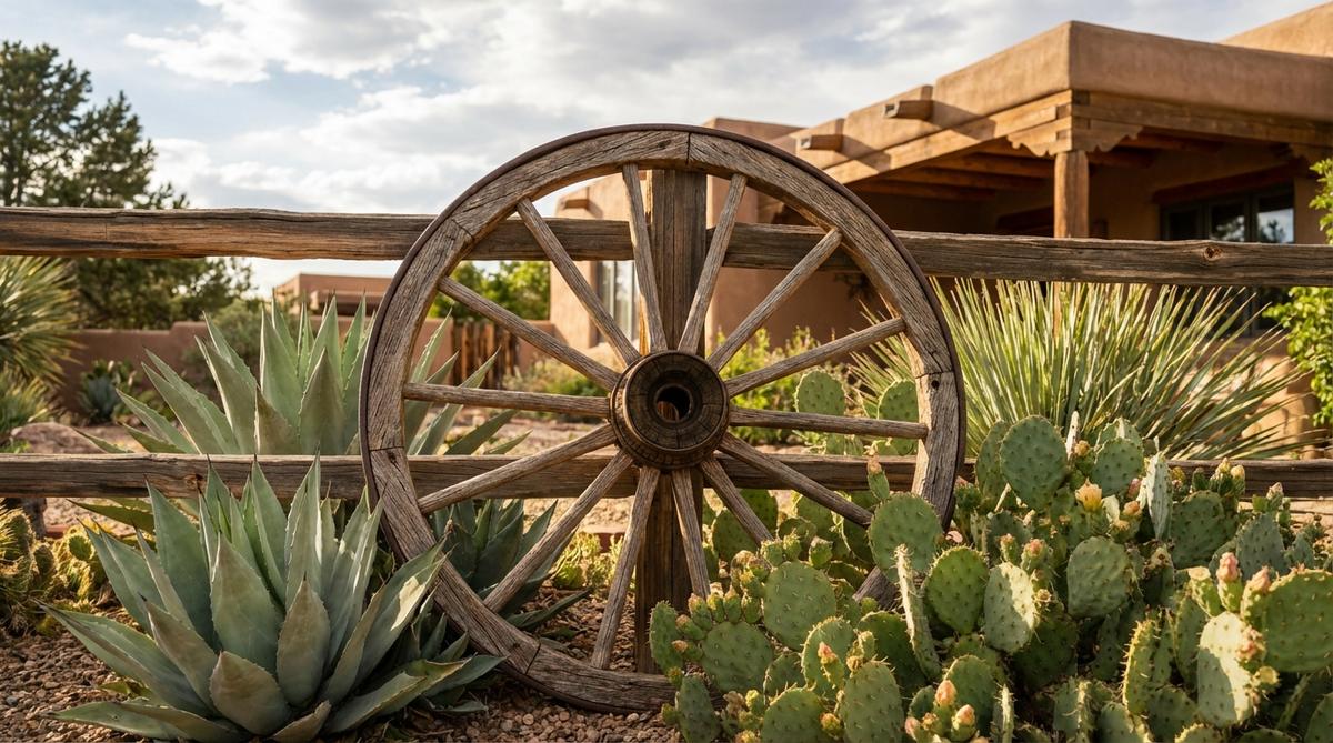 Authentic wooden wagon wheel leaning against a rustic fence with desert plants like agave and prickly pear, showcasing circular geometry that softens angular architecture in outdoor decor.