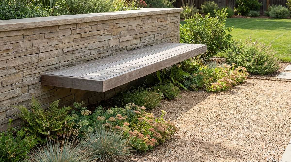 A modern wall-mounted cantilever bench projecting from a stone veneer wall without visible ground supports, creating a clean floor plane with ground-level plantings flowing beneath. The bench demonstrates structural anchoring for visual lightness in a contemporary garden design.