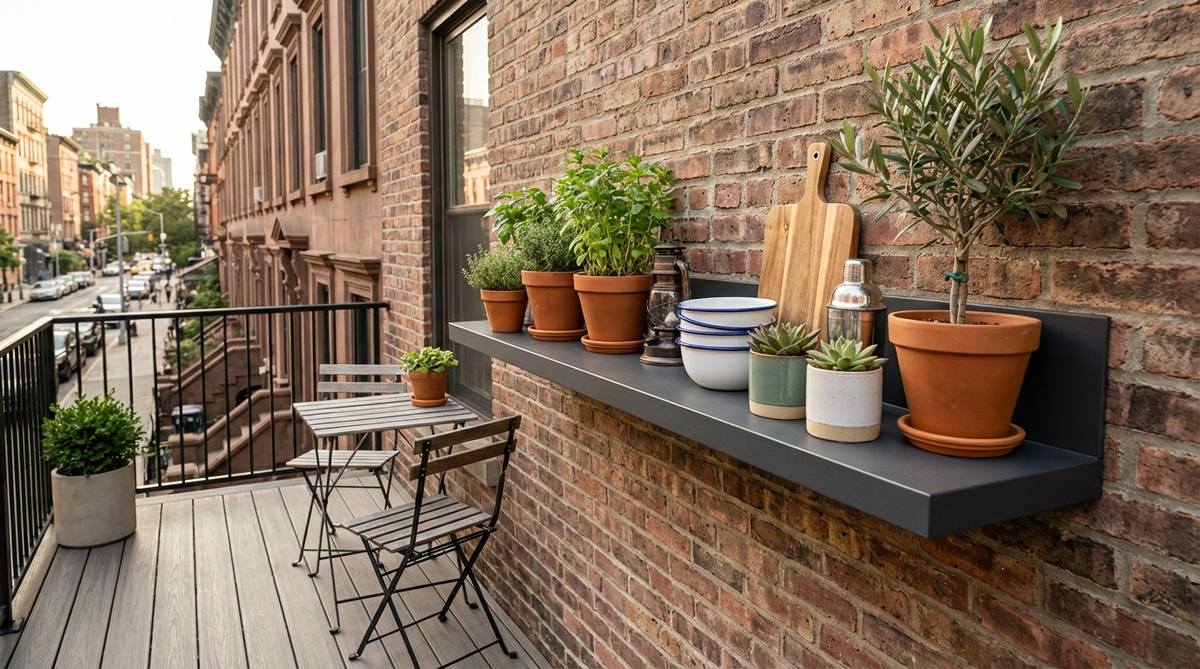 A powder-coated aluminum wall-mounted floating shelf installed on an urban balcony, displaying potted plants and outdoor entertaining supplies. The corrosion-resistant shelf is mounted at optimal height for accessibility and can support 30-50 pounds of weight.